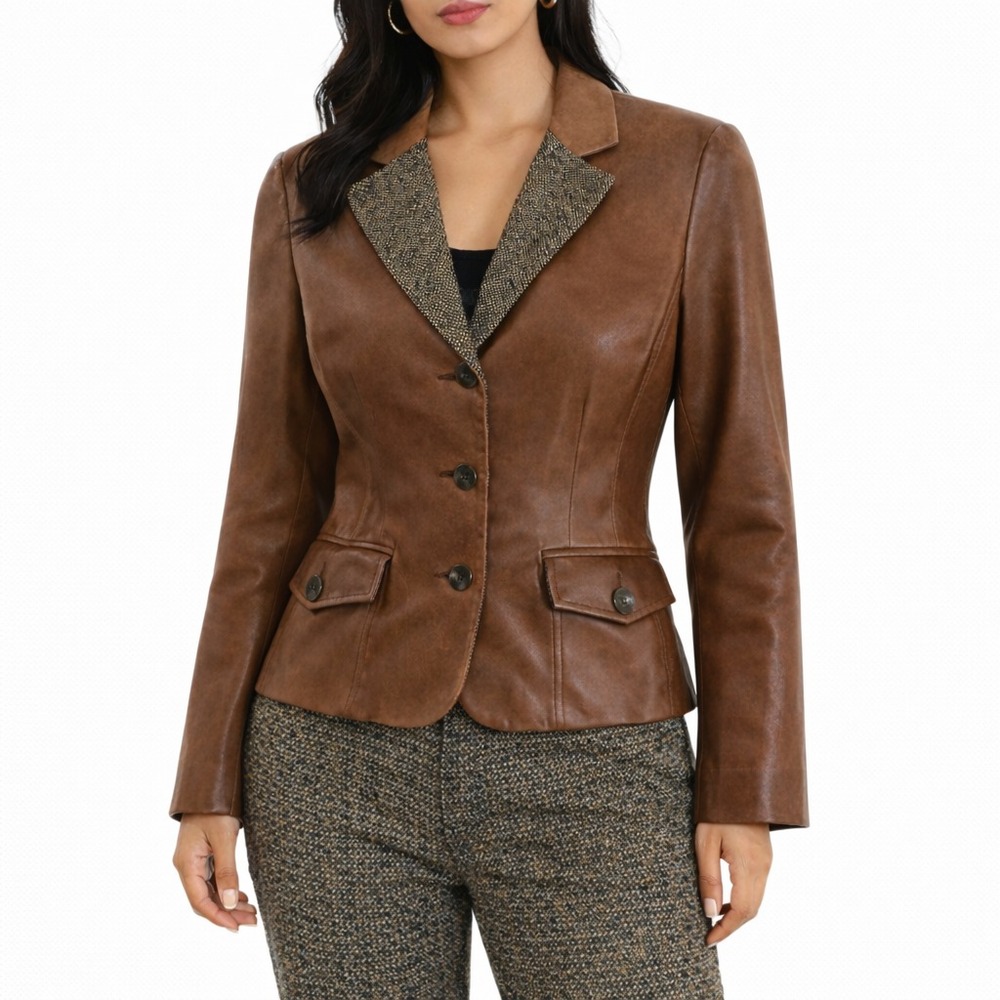 VTG BCBG Max Azria Tweed Elbow Patch Leather Jacket Womens S Brown Blazer
